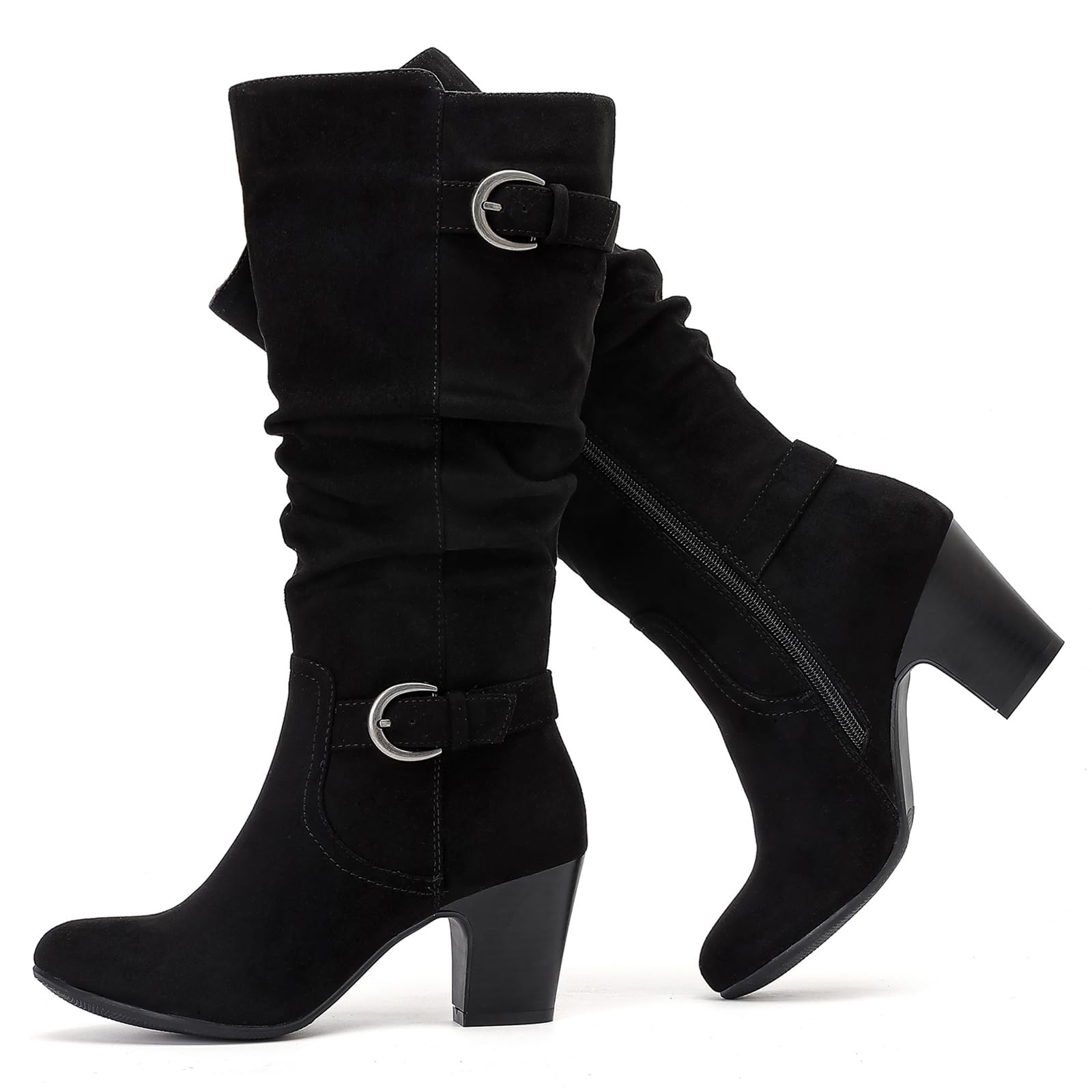 Women's Slouchy Knee High Boots with Chunky Heel, Pointed Toe, Comfortable and Fashionable Fall Winter Boots for Women.
